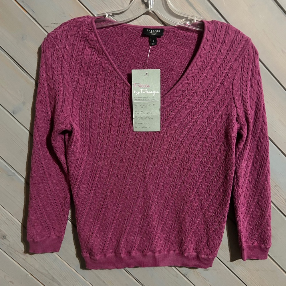 Talbots Petites V-Neck‎ Cable Knit Sweater Women's Size P Raspberry